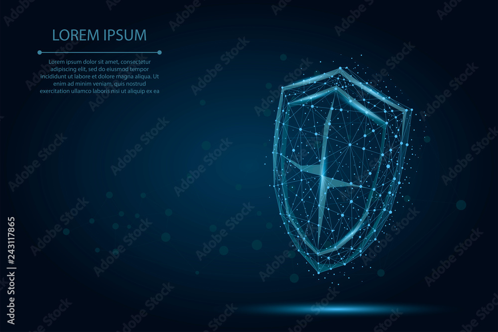 Poster abstract polygonal shield and swords. low poly wireframe vector illustration. protect and secure dig