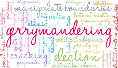 Gerrymandering Word Cloud on a white background. 
