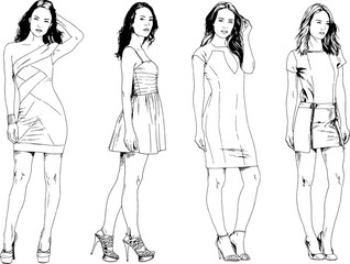 vector drawings on the theme of beautiful slim sporty girl in casual clothes in various poses painted ink hand sketch with no background