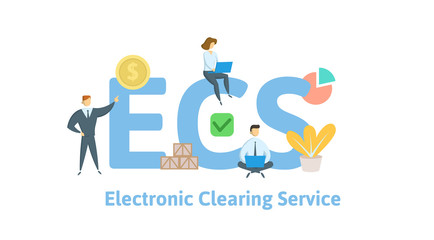 ECS, Electronic Clearing Service. Concept with keywords, letters and icons. Colored flat vector illustration. Isolated on white background.