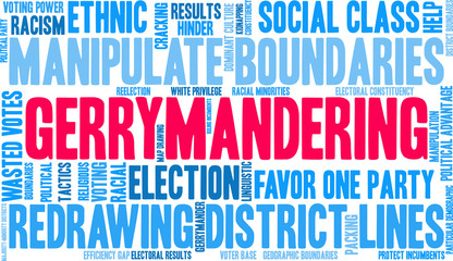 Gerrymandering Word Cloud on a white background. 