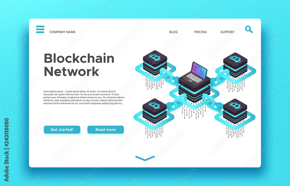 Poster blockchain landing page. isometric cryptocurrency mining vector web design