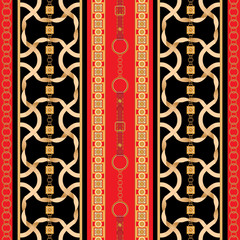Baroque seamless pattern with golden ribbons and chains. Striped patch for scarfs, print, fabric.