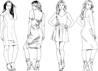 vector drawings on the theme of beautiful slim sporty girl in casual clothes in various poses painted ink hand sketch with no background