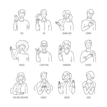 Vector men, women showing basic deaf-mute sign language symbol. Smiling sketch female, male monochrome characters and hand communication sign set. Different social communication, basic word