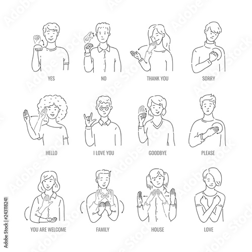 "Vector men, women showing basic deafmute sign language symbol