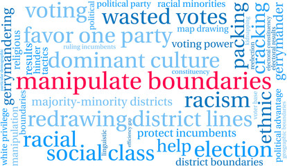 Manipulate Boundaries with Gerrymandering Word Cloud on a white background. 