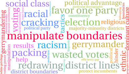 Manipulate Boundaries with Gerrymandering Word Cloud on a white background. 