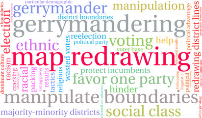 Map Redrawing for Gerrymandering Word Cloud on a white background. 