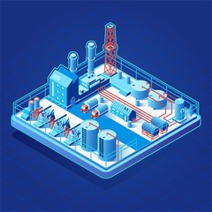Vector isometric icon or infographic element with oil pumps, related industrial facilities loading semi-trucks tanks