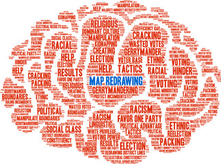 Map Redrawing in Gerrymandering Word Cloud on a white background. 