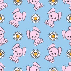 Seamless pattern dedicated to Easter with the image of rabbits and chamomiles. Colorful illustration.
