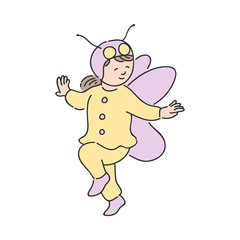 Cute child girl in festive costume of butterfly isolated on white background - vector illustration of hand drawn cheerful smiling kid in beautiful animal suit for holiday carnival party design.