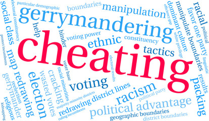Cheating with Gerrymandering Word Cloud on a white background. 