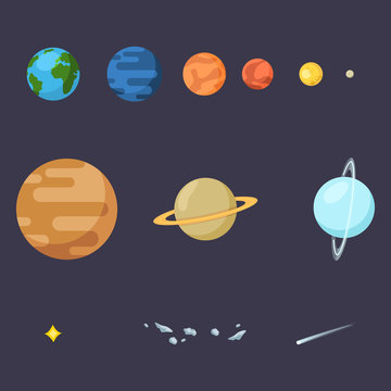 Vector Set of Color Flat Space Icons. Solar Systems Planets, Star, Comet and Asteroids.