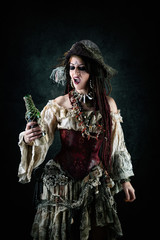 Pirate holding a bottle of rum in his hand