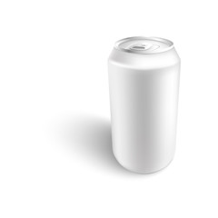 Vector aluminium can white mockup for beer, juice or soda fresh drink packaging design. Soft or alcohol drink metal container on isolated background. Refreshing beverage in metal tin.