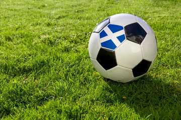 Football on a grass pitch with Scotland Flag