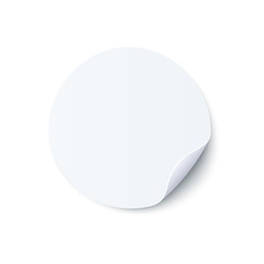 Vector illustration of round blank white sticker with folded edge in realistic style isolated on white background - mock up of circle adhesive curled label or note paper.