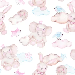 Stickers pour porte Lapin Modèle sans couture aquarelle avec lapin éléphant mignon