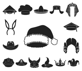 Different kinds of hats black icons in set collection for design.Headdress vector symbol stock web illustration.
