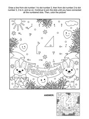 Valentine's Day February 14 connect the dots picture puzzle and coloring page with hidden text, two cute bunnies or hares. Answer included.
