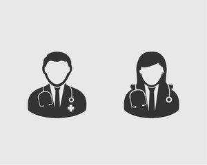 Medical Team Icon. Male and female doctor symbols on gray background. 