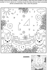 Valentine's Day February 14 connect the dots picture puzzle and coloring page with hidden text, two cute bunnies or hares. Answer included.
