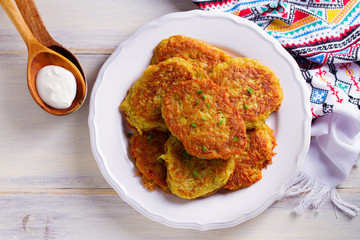 Potato pancakes. Vegetable fritters, latkes, draniki - popular dish in many countries