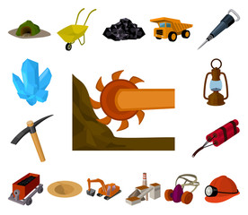 Mining industry cartoon icons in set collection for design. Equipment and tools vector symbol stock web illustration.