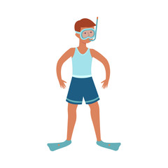 Vector young man in shorts wearing snorkelling mask, snorkel and flippers. Male character at summer sea vacation enjoying leisure activity, underwater swimming in equipment. Isolated illustration