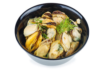 Clay bowl with pickled mussels isolated on white background