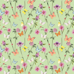 Fototapeta premium fashion seamless texture with ladybugs on meadow flowers and flying butterflies. watercolor painting