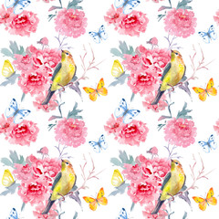 Fototapeta premium graceful seamless texture with flowers and birds. watercolor painting