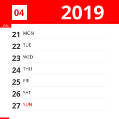 Calendar planner for Week 04 in 2019, ends January 27, 2019 .