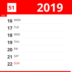 Calendar planner for Week 51 in 2019, ends December 22, 2019 .