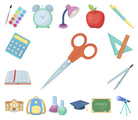 School and education cartoon icons in set collection for design.College, equipment and accessories vector symbol stock web illustration.