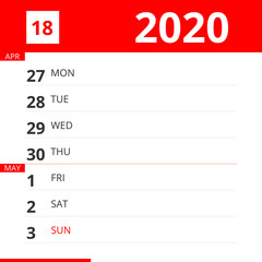 Calendar planner for Week 18 in 2020, ends May 3, 2020 .