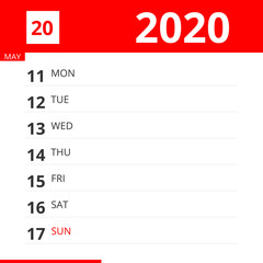 Calendar planner for Week 20 in 2020, ends May 17, 2020 .
