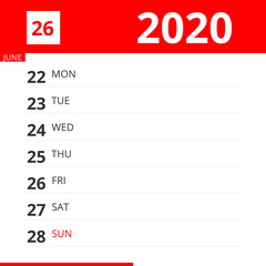 Calendar planner for Week 26 in 2020, ends June 28, 2020 .
