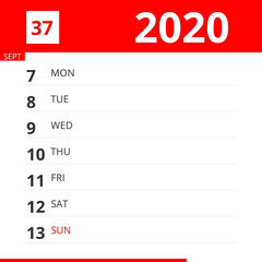 Calendar planner for Week 37 in 2020, ends September 13, 2020 .