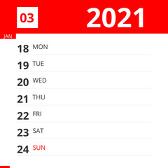 Calendar planner for Week 03 in 2021, ends January 24, 2021 .