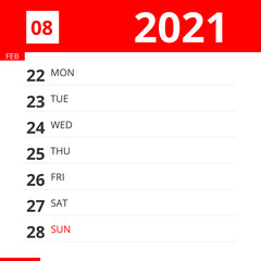 Calendar planner for Week 08 in 2021, ends February 28, 2021 .