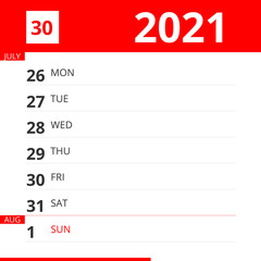 Calendar planner for Week 30 in 2021, ends August 1, 2021 .