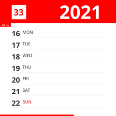 Calendar planner for Week 33 in 2021, ends August 22, 2021 .