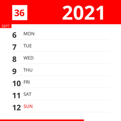 Calendar planner for Week 36 in 2021, ends September 12, 2021 .