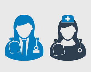 Female Doctor and Nurse Icon on gray Background 