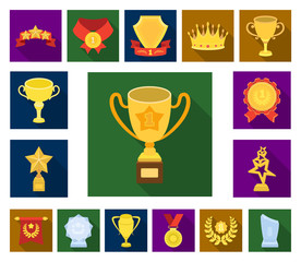 Awards and trophies flat icons in set collection for design.Reward and achievement vector symbol stock web illustration.