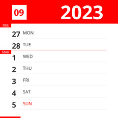 Calendar planner for Week 09 in 2023, ends March 5, 2023 .