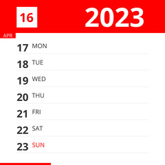 Calendar planner for Week 16 in 2023, ends April 23, 2023 .